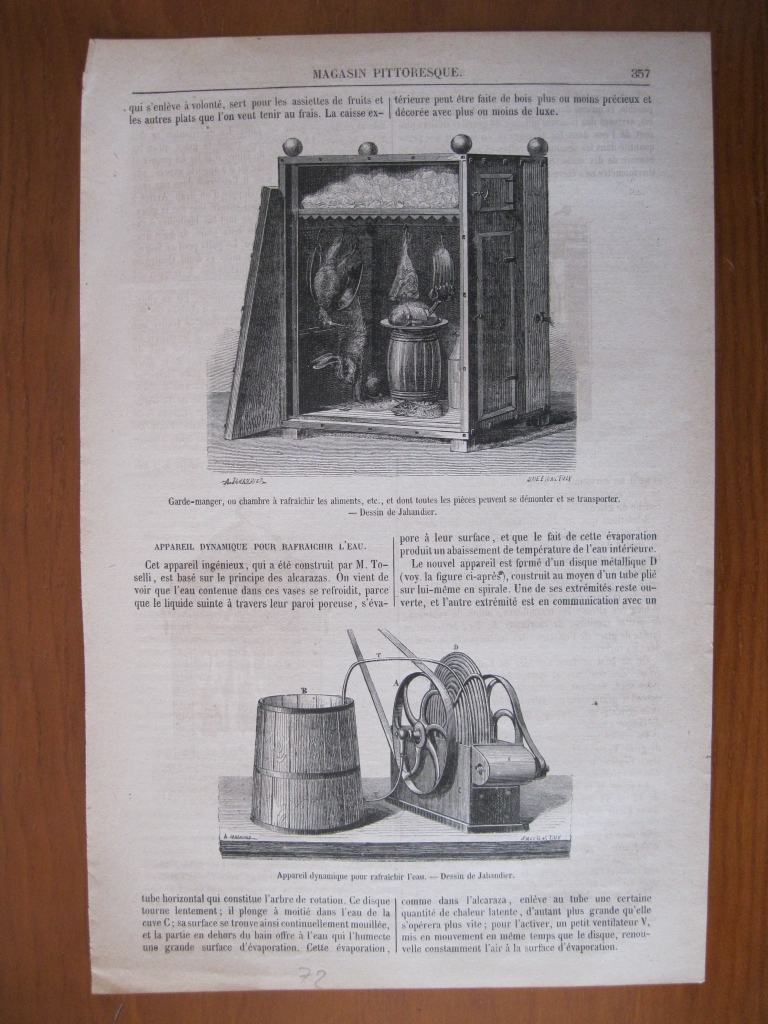 Armario para alimentos y aparato para refrescar el agua, 1872. Jahandier
